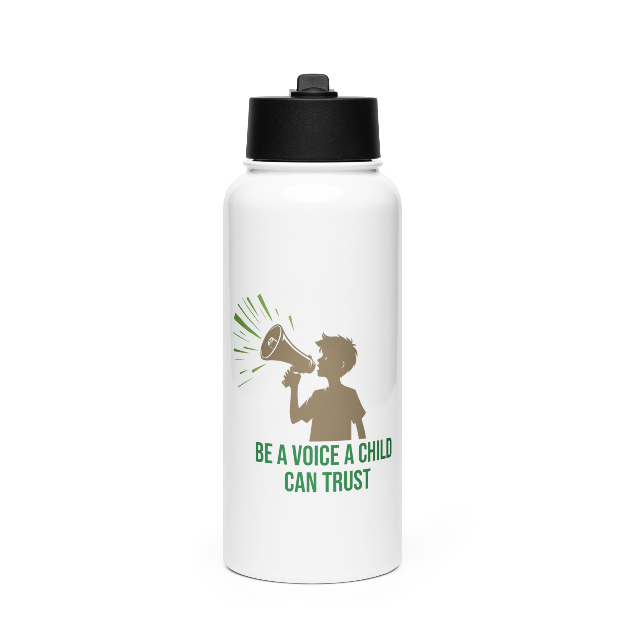 Stainless steel water bottle with a straw lid – Be a voice a child can trust