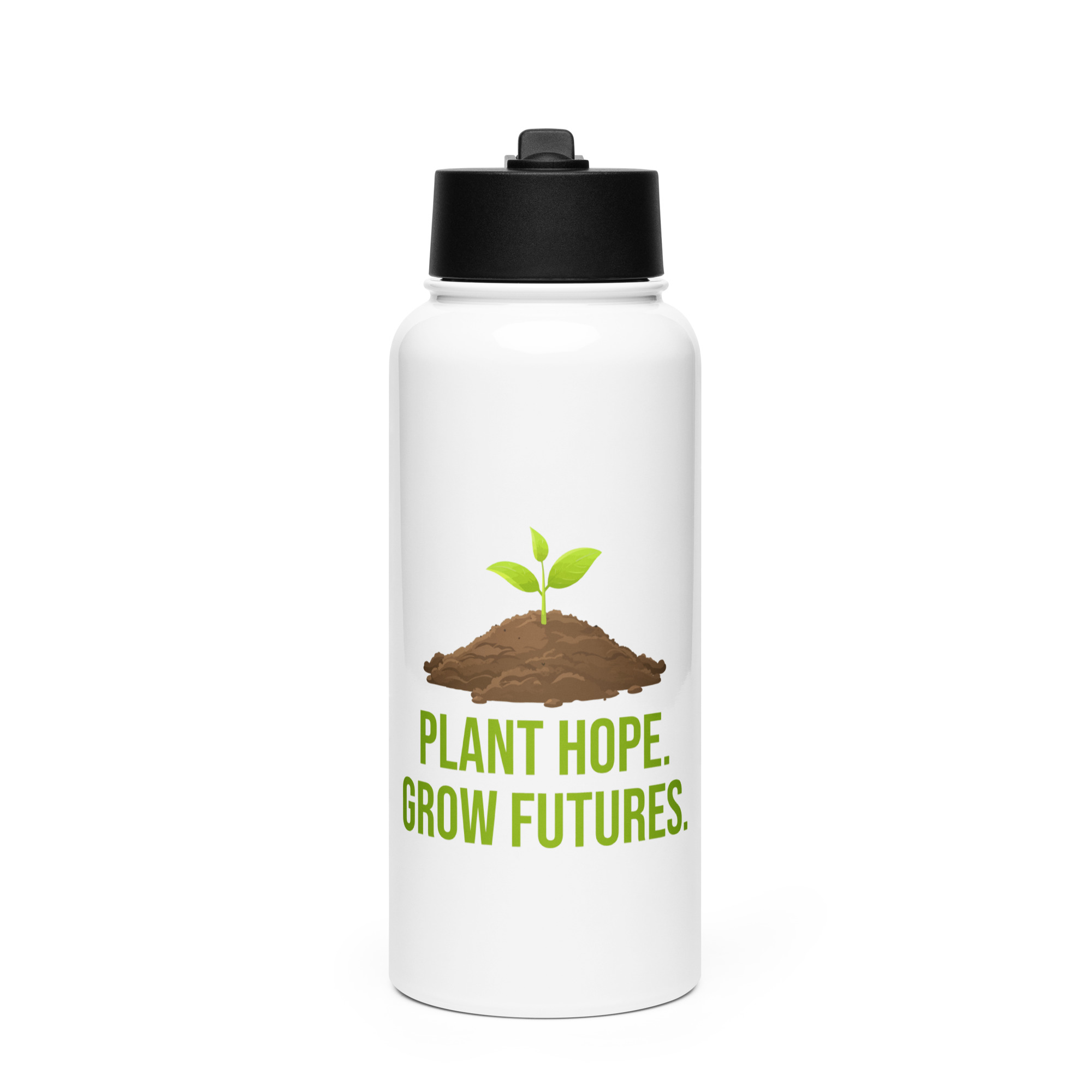 Stainless steel water bottle with a straw lid – Plant Hope. Grow futures